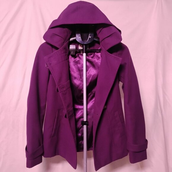 Hydraulic Purple Wool Blend Hooded Peacoat | Double-Breasted Button Front - Picture 3 of 8